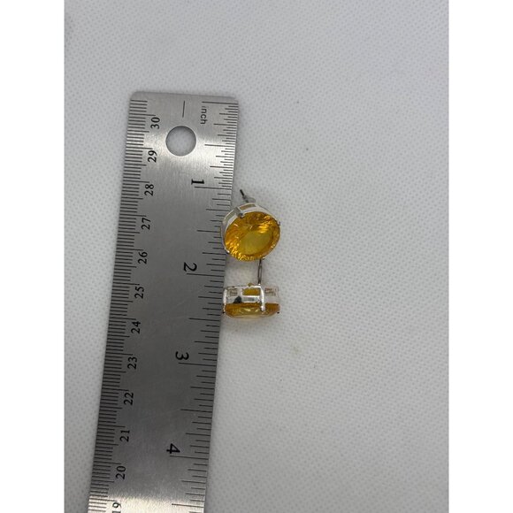 Yellow Gemstone Post Earrings With Silver Tone Setting - Picture 7 of 7